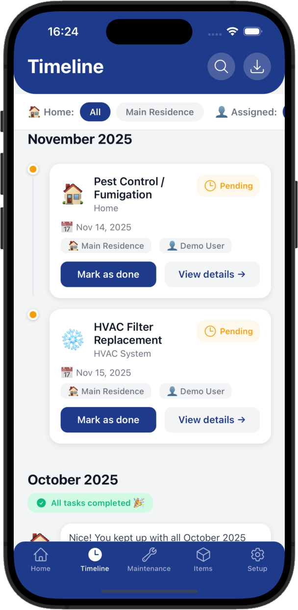 Nestly timeline view highlighting maintenance history