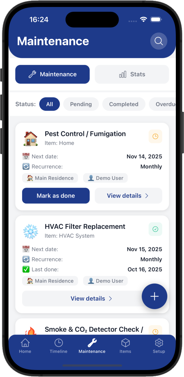 Nestly maintenance task details view